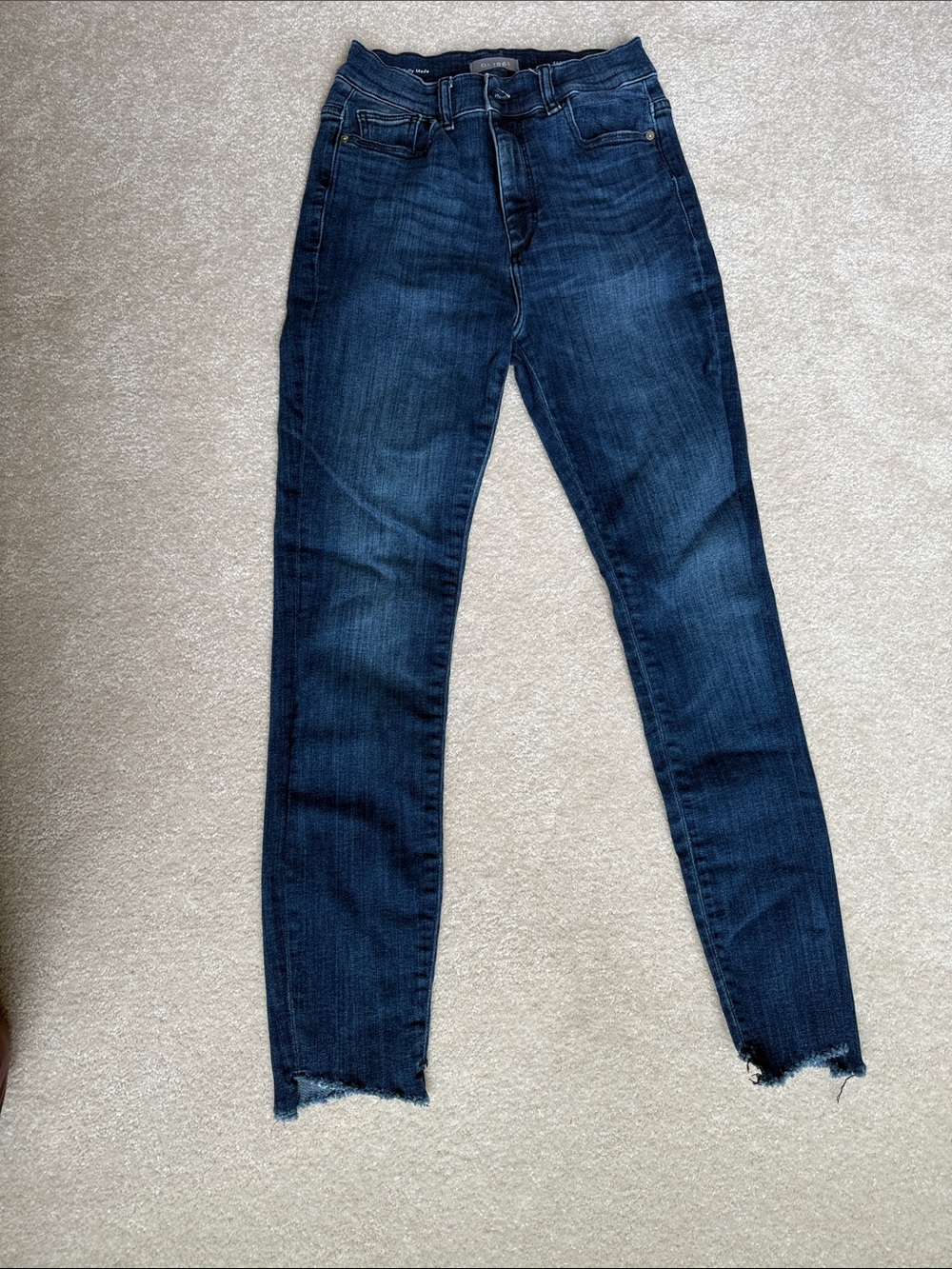 DL1961 Dark Blue High-Rise Skinny Jeans with Frayed Hem